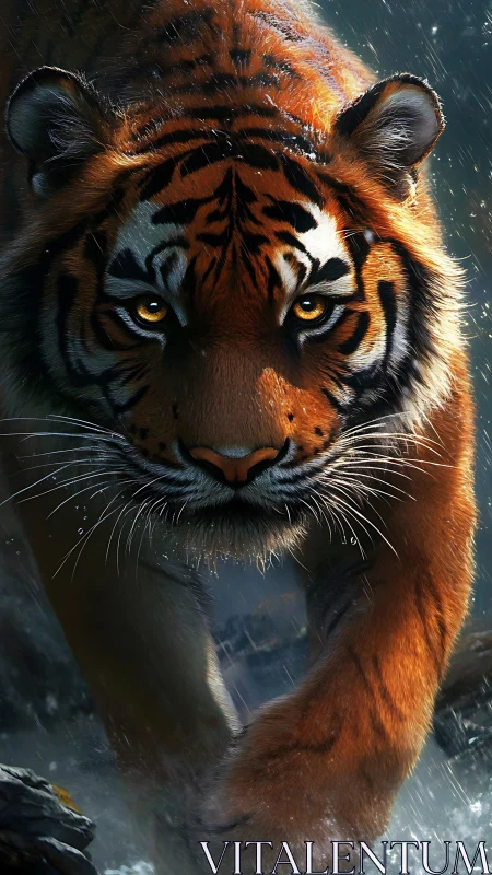 Hydrodynamic forward-striding tiger under cinematic rainfield.