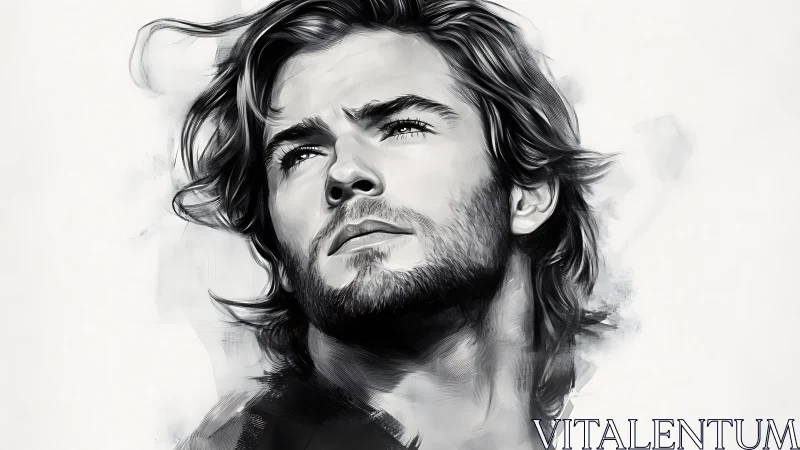 Monochrome male portrait with expressive upward gaze.