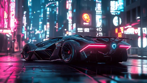 Sleek neon supercar glowing softly in a rainy city night.