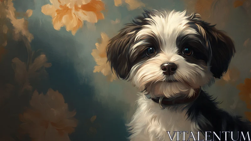 Gentle puppy portrait amid painterly floral backdrop.