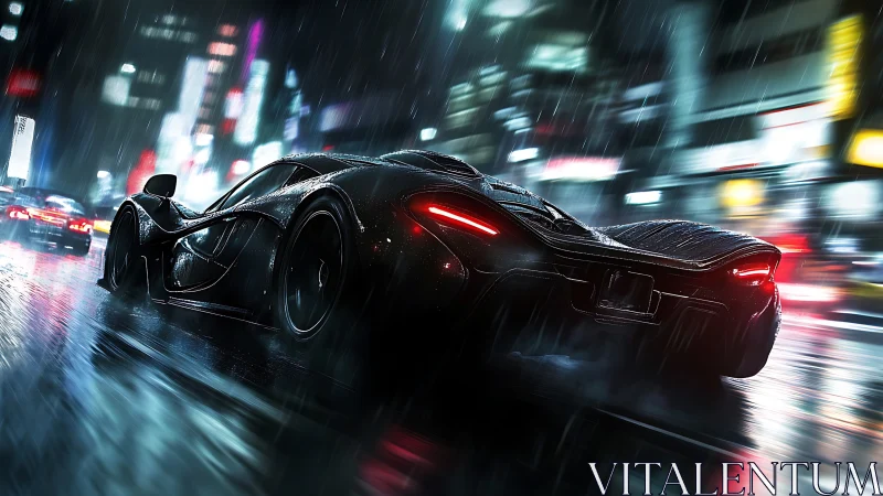 Black hypercar accelerates through wet neon city streets