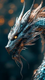 3D metallic dragon profile with cinematic bokeh lighting design.