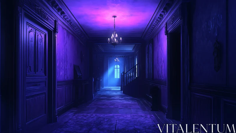 Haunted violet corridor humming with spectral moonlight.