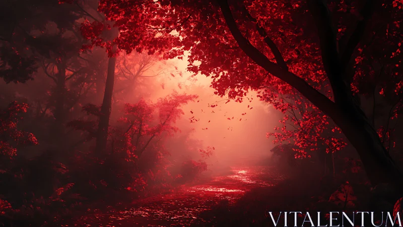 Red forest path with glowing canopy and light rays through foliage