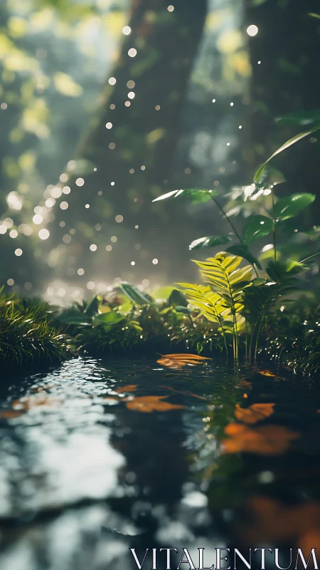 Sunlit forest stream with sparkling bokeh reflections.