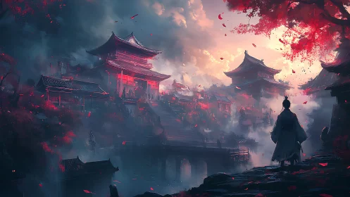 Solitary samurai surveys crimson-lit mountain temple city