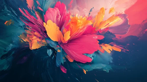 Vibrant abstract bloom exploding through deep teal space.