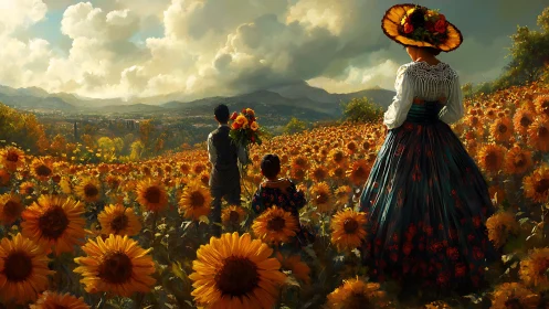Sunlit family in traditional dress crossing vast sunflower field.