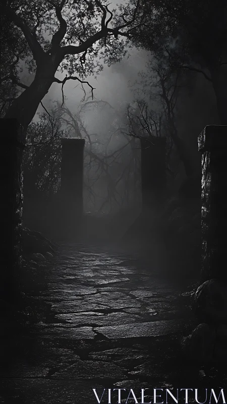 Stone path through dense night forest between pillars.