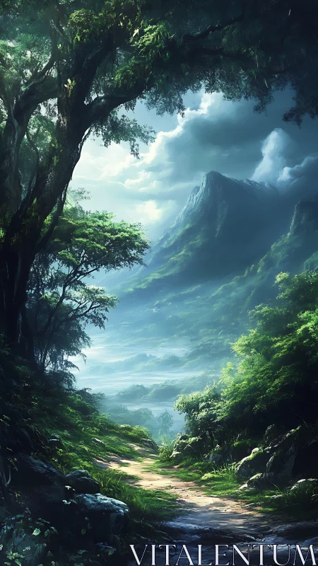 Mountain Valley Path Through Ancient Forest Canopy.