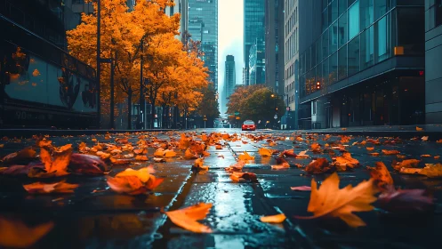 Urban avenue with wet pavement and scattered autumn leaves.
