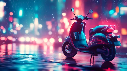 Scooter stands on wet neon city street under night rain