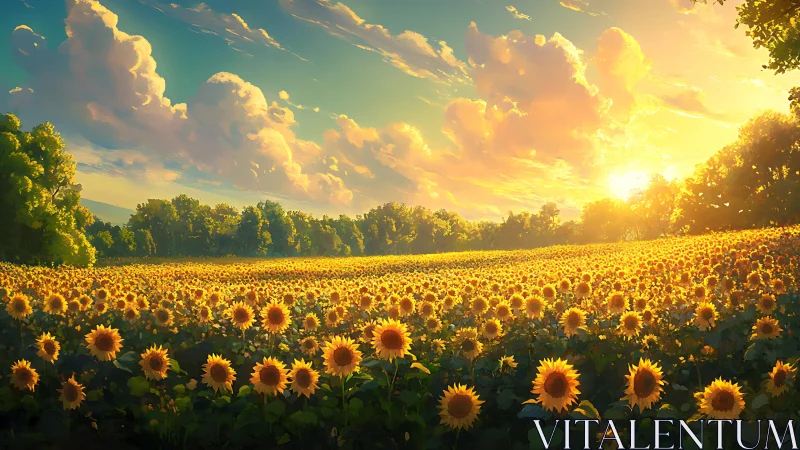 Sunlit sunflower panorama under radiant golden sunset glow.