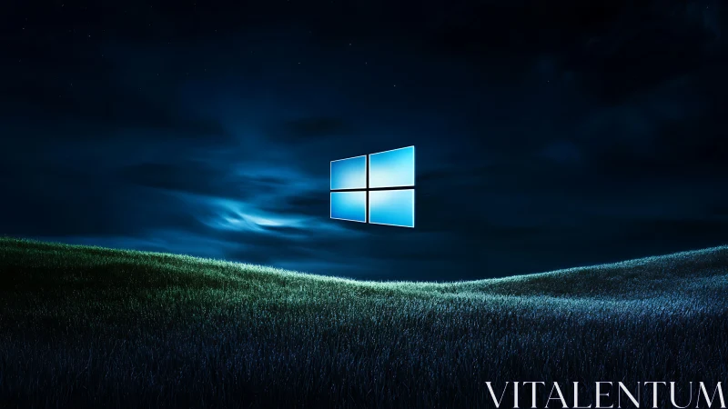 Luminous window emblem drifting above moonlit digital hills.