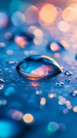Gentle water droplet glows in dreamy blue and orange light