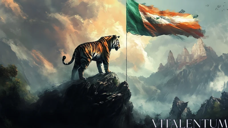 Tiger on rocky peak beside large tricolor flag in mountains.