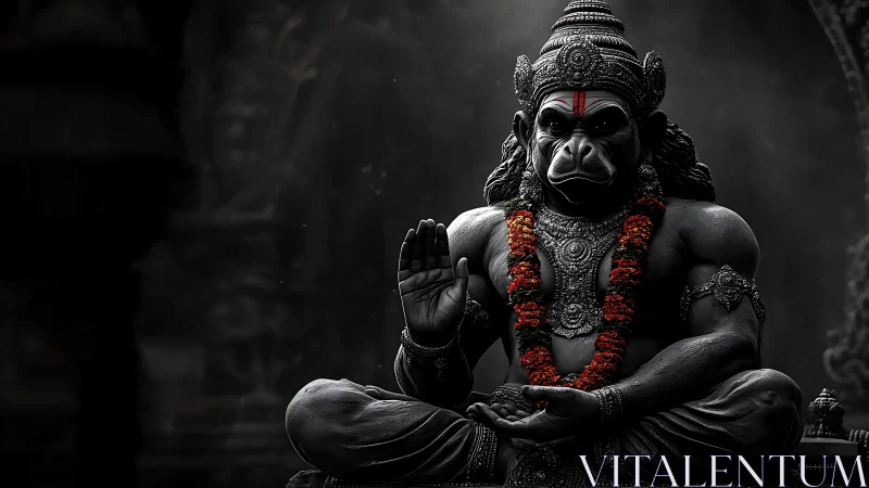 Monkey-headed deity statue in meditative seated posture.