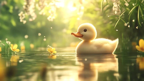 Sunlit duckling drifting through a dreamy blossom river.