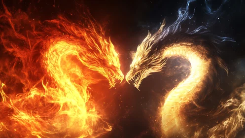 Opposed elemental dragon serpents forged from living flames