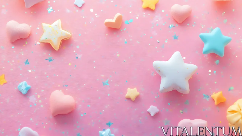 Pastel confectionary stars and hearts in controlled scatterfield.