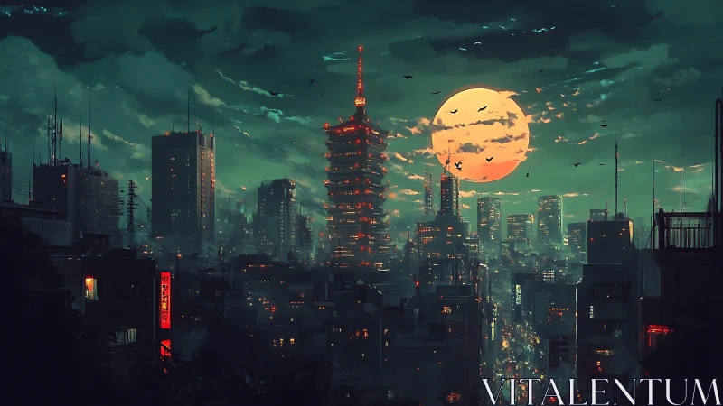 Moody cyberpunk city glowing beneath a dreamy orange moon.