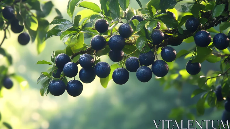 Midmorning orchard dream with dew-bright indigo plums.