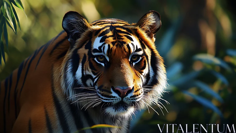 Solitary tiger in dappled jungle light, hyperreal portrait.