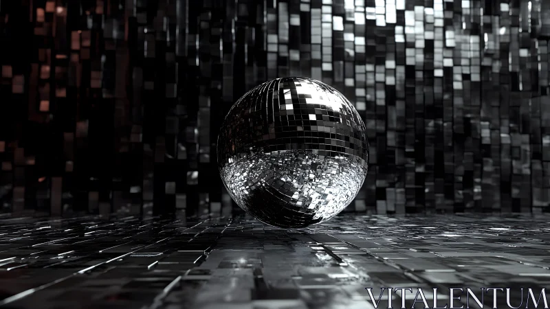 Reflective disco ball in futuristic metallic room, digital art style.