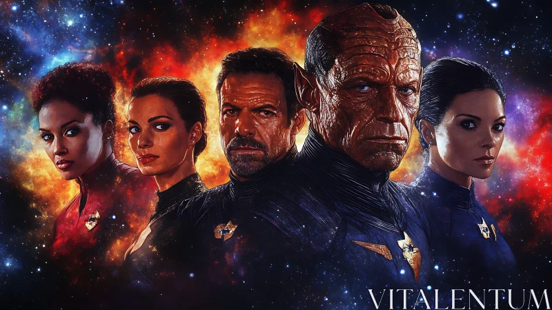 Starfaring team framed by cosmic fire and distant starlight.