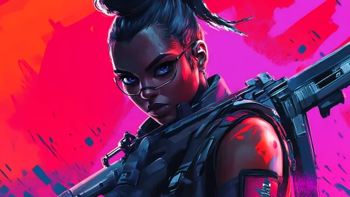 Neon-shadowed tactician steadies her aim in electric silence