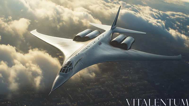 Silver sky manta glides through sunrise above sleeping city