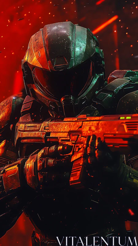 Armored sci fi soldier aiming rifle in molten red light.