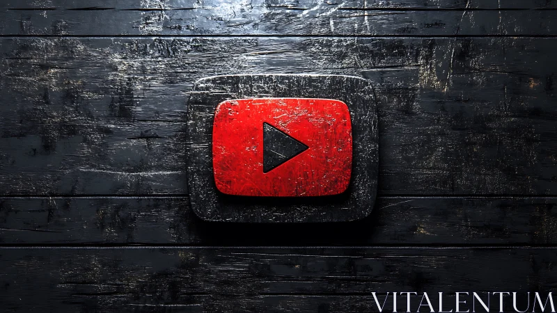 YouTube play button on distressed black wooden surface.