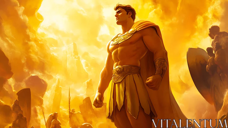 Golden sky hero stands tall above ancient battlefield