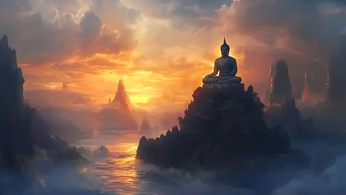 Statue of Buddha sits above misty seascape at sunrise