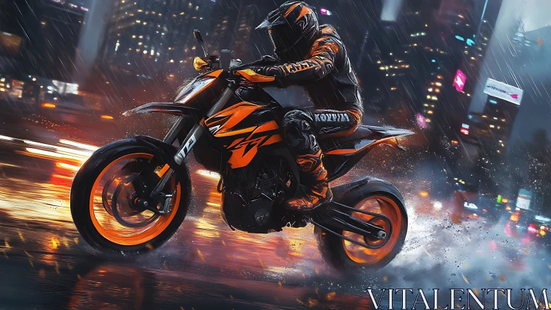 Neon-lit supermoto drift under urban rainfall dynamics.