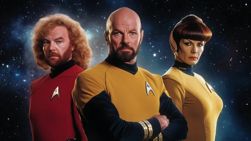 Starfleet officers stand united against the silent cosmos