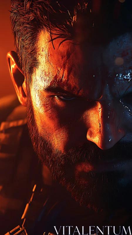 Smoldering warrior narrows his gaze through molten shadows