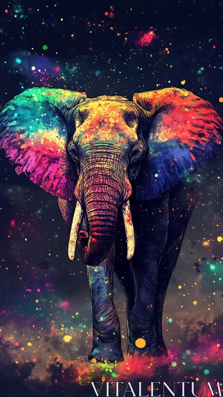 Cosmic elephant strides through neon galaxy clouds.