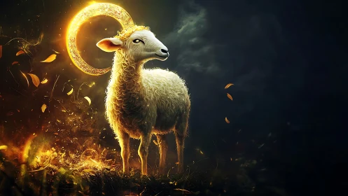 Luminous sheep under crescent ring in dark atmospheric field.