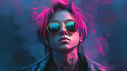Neon haired figure in sunglasses against blurred gradient background.