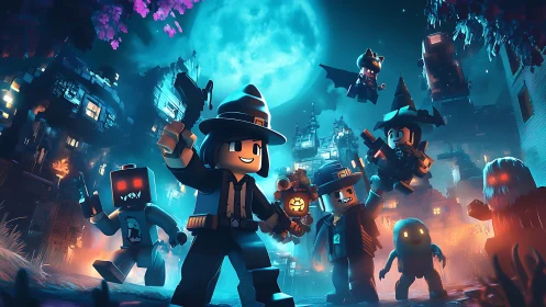 Lego style Halloween characters explore neon lit spooky city