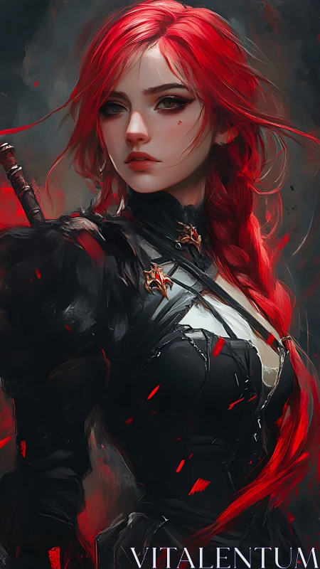 Crimson warrior muse in swirling embers and shadowed steel.