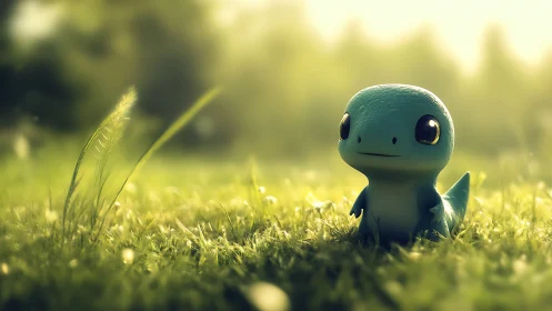 Softly lit chibi lizard character stands in dewy meadow