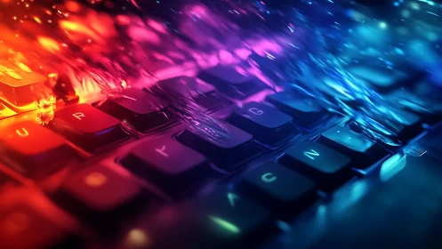 Cyberpunk keyboard macro with prismatic neon fluid streaks.