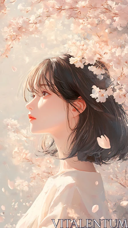Side-profile anime portrait amid diffuse cherry blossoms bloom