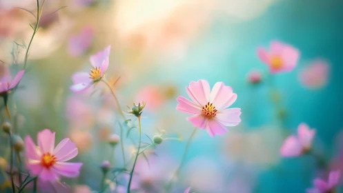 Shallow-Depth Cosmos Blossoms With Golden-Yellow Stamens And Diffused Teal Bokeh