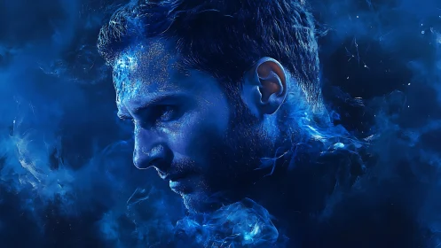 Ice-lit male portrait in deep electric blue nebula haze.