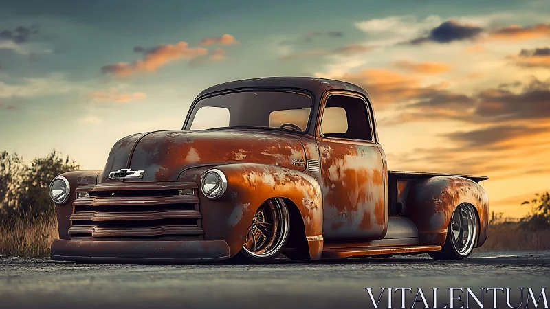 Rusty lowered vintage pickup truck sits on rural road
