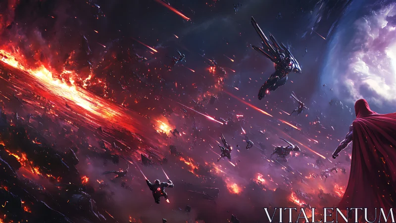 Cloaked figure observes large scale extraterrestrial conflict